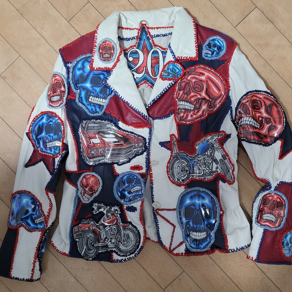 Colorful Skull Pattern Leather Jacket - image 1